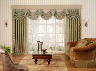 Living Room Interior w/Curtains, Table, Couch & Rug